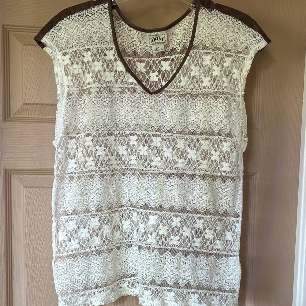 Ariat White Lace Short Sleeve Top with Brown Trim